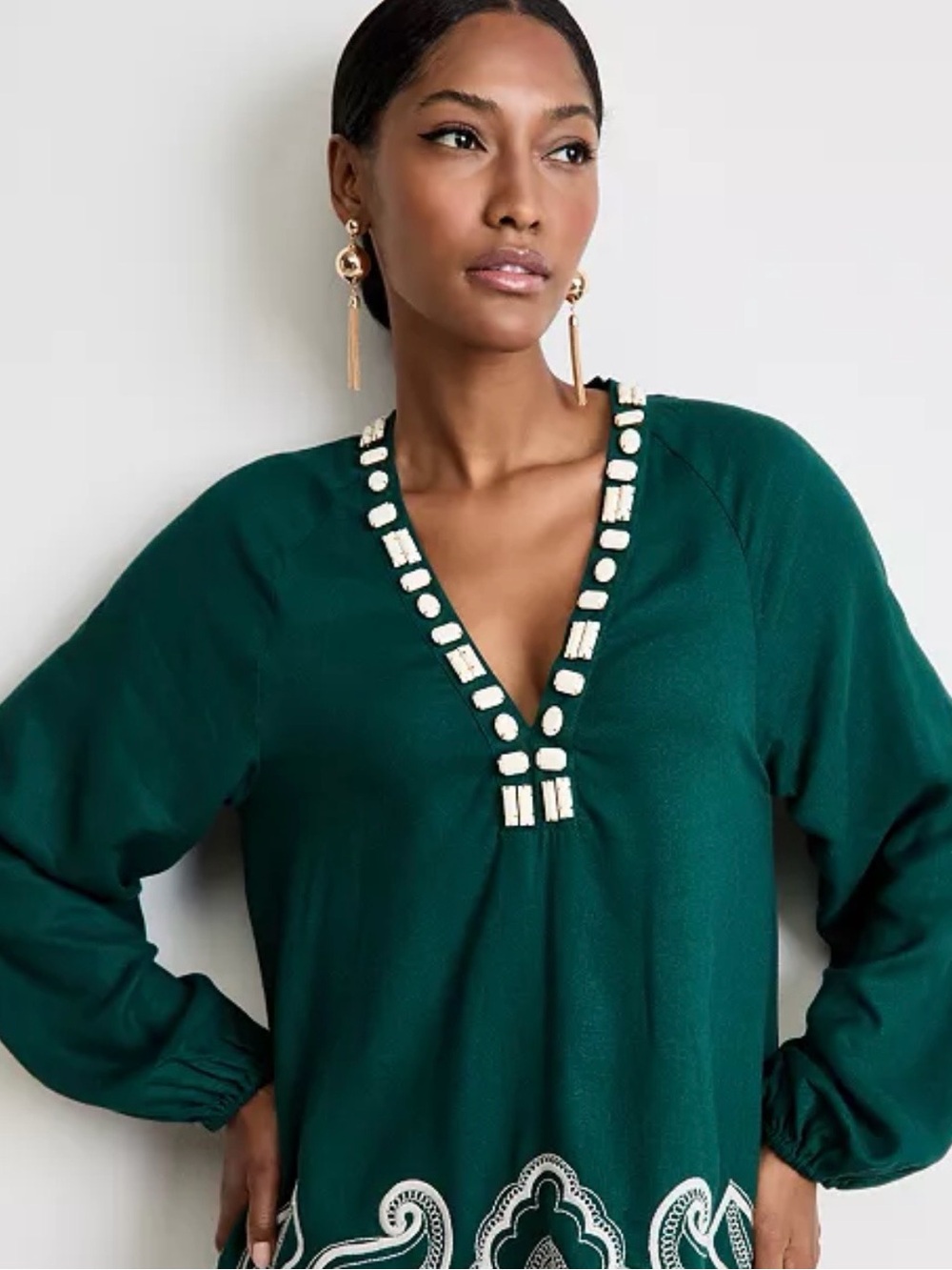 🆕🌲ON34th Alix Friedberg Palm Royale Inspired Tunic Dress Forest Boho LinenBlend - Picture 4 of 17